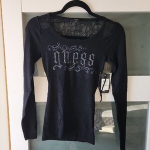 Guess Black Lace Detail Long Sleeve Tee